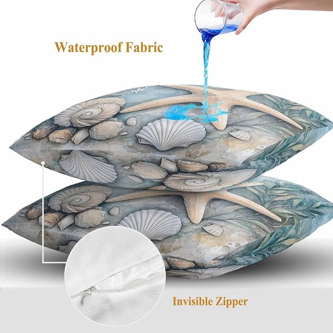 Ocean Coral Outdoor Waterproof Throw Pillow Covers Set of 2, 18"x18", Shell Starfish Plant Leaf Coastal Rustic Decorative Pillow Covers Outside Cushion Case for Patio Porch Garden