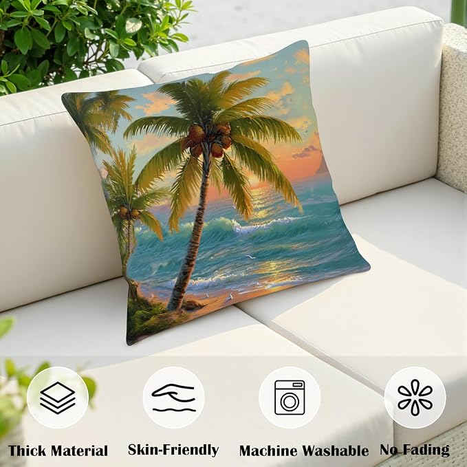Tropical Throw Pillow Covers Coconut Palm Tree Pillow Covers 24x24 Summer Sunset Coastal Outdoor Pillowcases Hawaiian Sea Wave Cushion Cases for Home Farmhouse Sofa Couch 2 Pcs