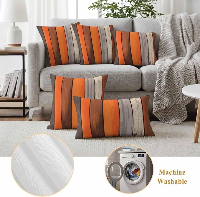 JasmineM Outdoor Pillow Cover 20x20 Inches Set of 2 Orange Brown Gray Striped Waterproof Throw Pillow Covers Retro Wood Grain Decorative Pillowcases Garden Cushion Case for Patio Couch Sofa