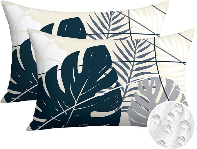 OTOSTAR Outdoor Waterproof Throw Pillow Covers 12x20 Inch Set of 2 Double-Sided Dark Blue Grey Tropical Leaf and Flower Spring Summer Decorative Pillow Cases for Patio Funiture Garden Balcony Couch