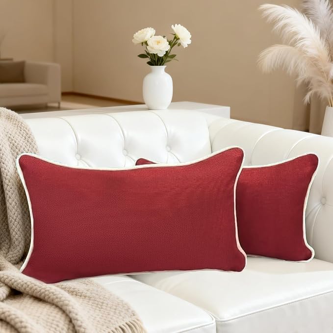 HER HWA Outdoor Lumbar Pillow Covers White Piping 20"x12" Set of 2, Red | durable fade-resistant water-resistant 100% polyester white piping smooth zipper machine washable for indoor outdoor décor