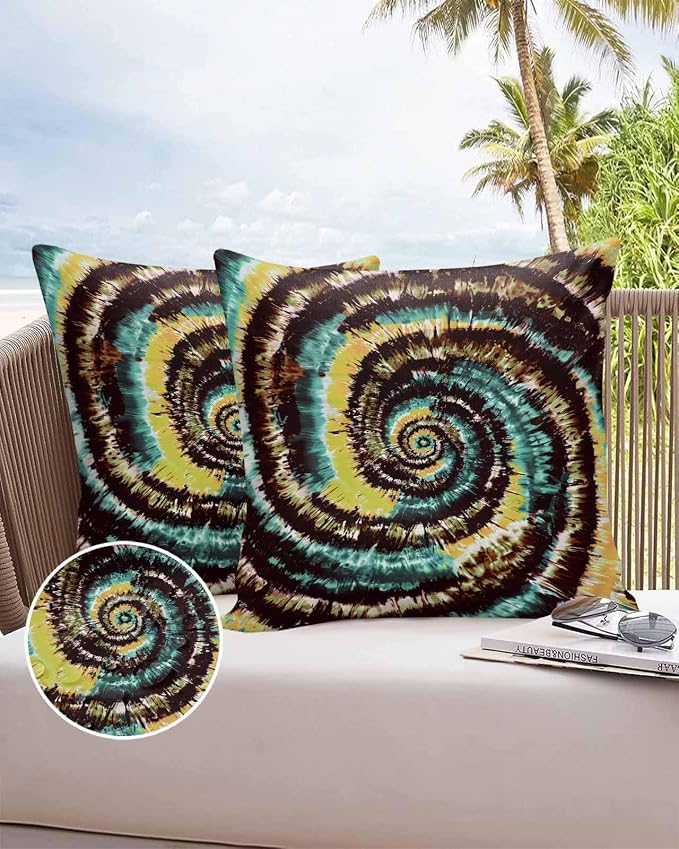 Vandarllin Outdoor Throw Pillows Covers 24x24 inch Set of 2 Waterproof Yellow Teal Tie-Dye Art Decorative Zippered Cushion Covers for Patio Furniture, Abstract Boho Tribe Lumbar Pillowcases