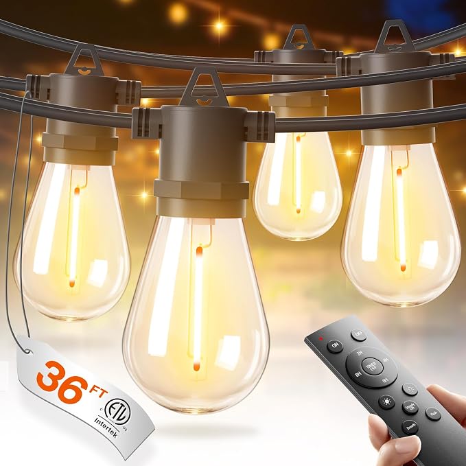 addlon 36FT LED Outdoor String Lights, Waterproof Dimmable Bulbs for Patio | UL Listed, Remote Control. Shatterproof Edison Bulbs, Timer, Linkable, 2700K Warm White. For Backyard, Pergola, Deck, Garden.