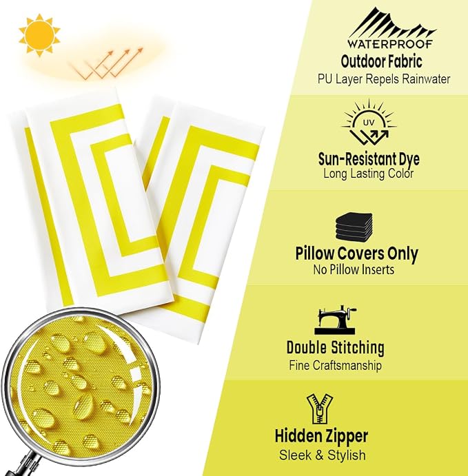 JOJOGOGO 12x20 Mustard Yellow Frame Outdoor Lumbar Pillow Covers Waterproof & Sunproof set of 2, White and Yellow Outdoor Decorative Lumbar Pillows for Patio Furniture and Porch Decor(Without Inserts)