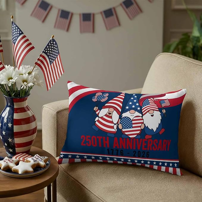 250th Anniversary Outdoor Pillow Covers 20"x12" Set of 2, Patriotic Gnome USA Flag Independence Day Waterproof Throw Pillow Covers for Patio Furniture, Decorative Cushion Covers for Porch