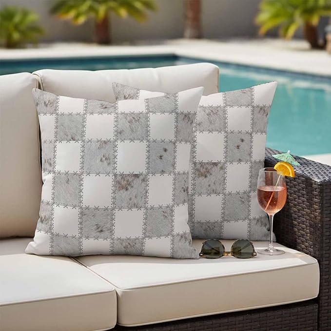 Cream Gray Checkered Outdoor Pillow Covers 18x18 Inch Throw Pillow Covers Set of 2 Waterproof Decorative Pillow Cases Modern Farmhouse Plaid Fur Texture Cushion Covers for Patio Furniture Garden Couch