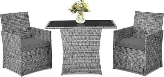 RELAX4LIFE 3-Piece Outdoor Furniture Set - All-Weather Wicker Rattan Patio Dining Set w/Tempered Glass Coffee Table & Cushions, Modern Bistro Conversation Set for Yard Balcony (Gray)