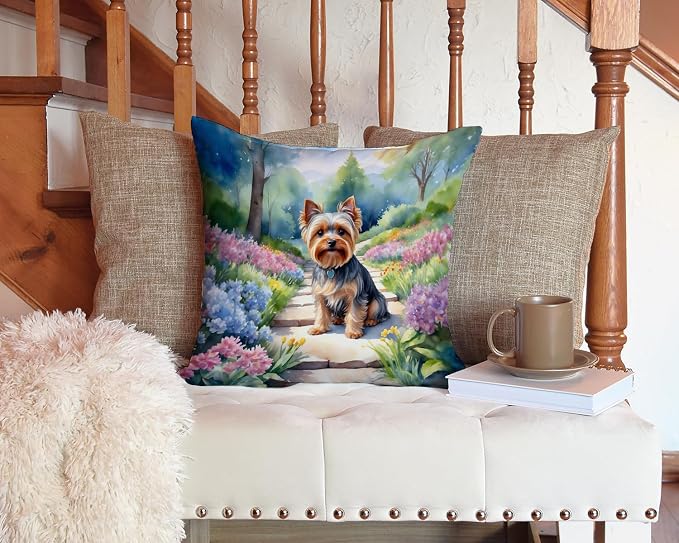 Caroline's Treasures Yorkshire Terrier Spring Path Throw Pillow Machine Washable, Indoor Outdoor Decorative Pillow for Couch, Bed or Patio, 14Hx14W