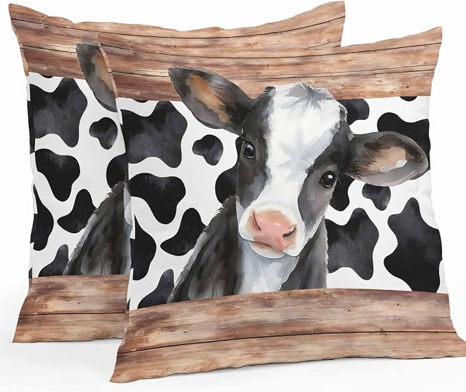 Cow Printed Outdoor Pillow Covers 20x20 Inch Throw Pillow Covers Set of 2 Waterproof Decorative Pillow Cases Farmhouse Watercolor Country Wooden Grain Cushion Covers for Patio Furniture Garden Couch