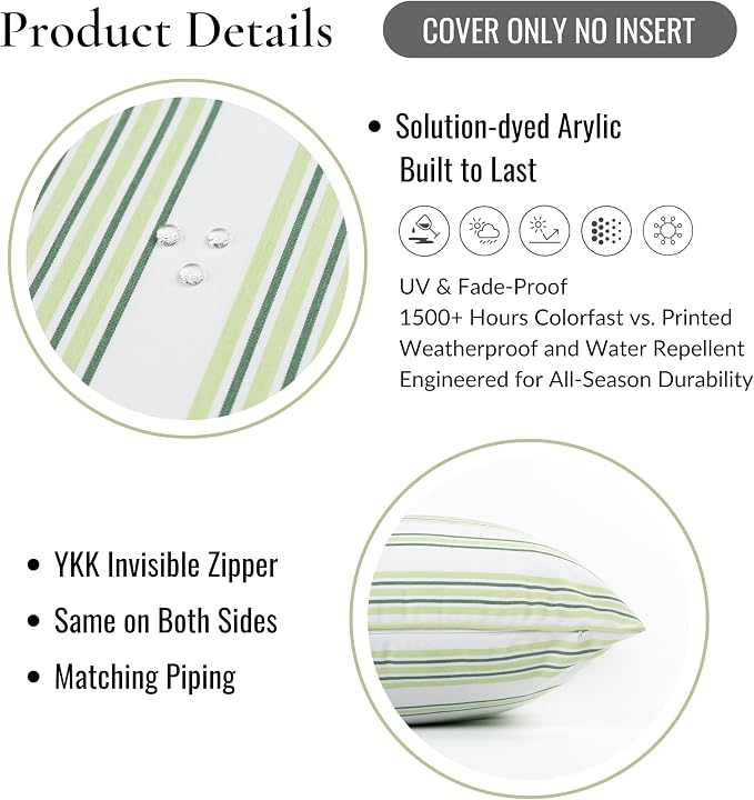 Hofdeco Premium Coastal Hampton Outdoor Performance Lumbar Pillow Cover Only, 12"x20" Water Repellent, UV and Fade Resistant for Backyard, Couch, Poolside, Grass Green Woven Bayside Stripes