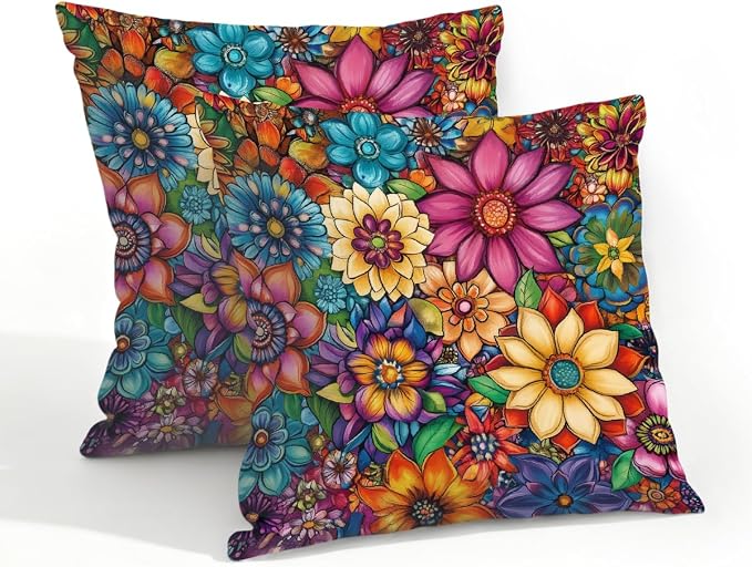 20x20 Inch Outdoor Pillow Covers Set of 2 Waterproof Throw Pillow Covers Decorative Couch Cushion Covers Bright Floral Mandala Square Pillowcases Protectors for Patio Garden Sofa
