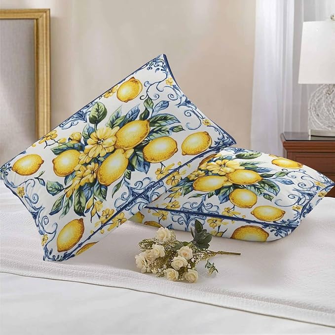 Lumbar Pillow Covers 20x12 Inch Set of 2, Yellow Lemon Waterproof Outdoor Cushion Covers, Middle Century Blue Italian Textured Decorative Pillowcases for Couch, Sofa, Bed, Garden, Patio