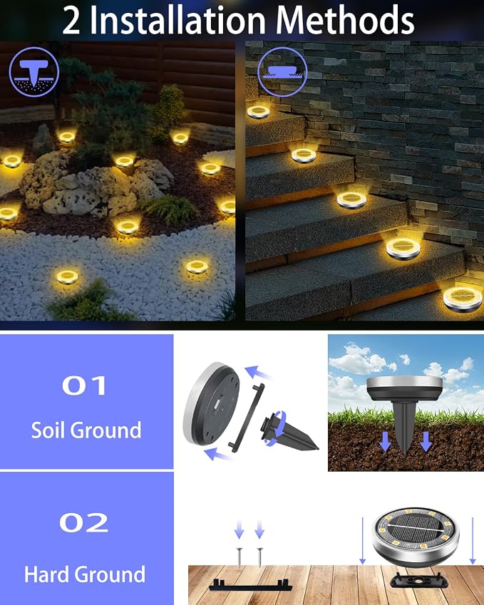 Solar Lights Outdoor Waterproof, 8 Pack 8 LED, Thickened Stainless Steel Ground Light, Solar Garden Lights Landscape Lighting for Patio Pathway Lawn Yard Deck Driveway Walkway, Warm White