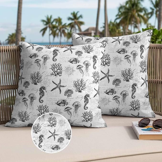 Gray Coastal Waterproof Outdoor Pillow Covers Set of 2 Home Decor, Retro Nautical Starfish Coral Jellyfish Pillowcase Patio Pillow Covers for Couch Bench Furniture Garden 16x16in