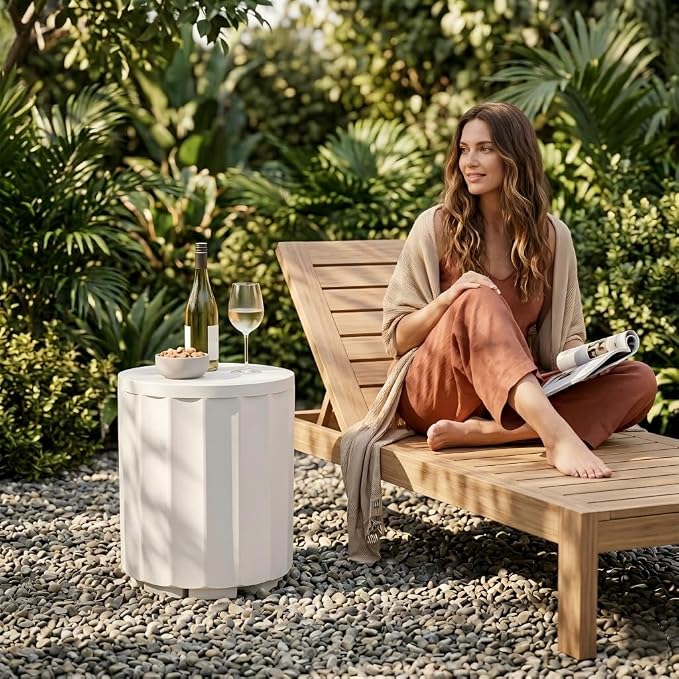 Outdoor Cooler Side Table, 2-in-1 Versatile Ice Cooler Table, Broad Fluted Outdoor Accent Table with Hangable Lid, All-Weather Resistant for Patio Decor, Deck, BBQ, Beach, White