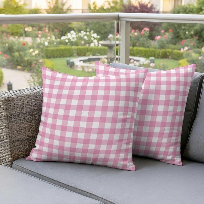 Rose Pink Checks Outdoor Pillow Covers 20"x20" Set of 2, Gingham Plaid Abstract Modern Minimalist Waterproof Throw Pillow Covers for Patio Furniture, Decorative Cushion Covers for Porch