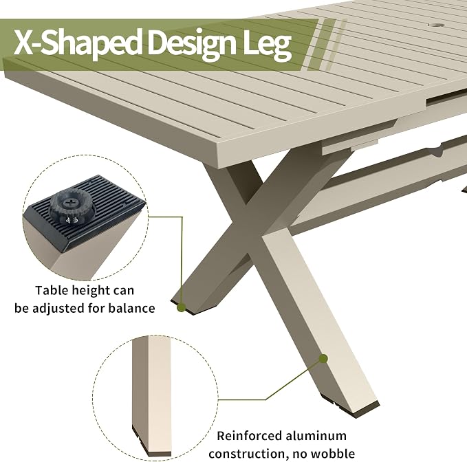 TWT Aluminum Outdoor Dining Table for 8, 62.8" - 82.5" Extendable Patio Dining Table with Umbrella Hole on Top with X-Shaped Frame Easy to Assemble for Backyard Garden Yard Porch Deck, Milk Coffee