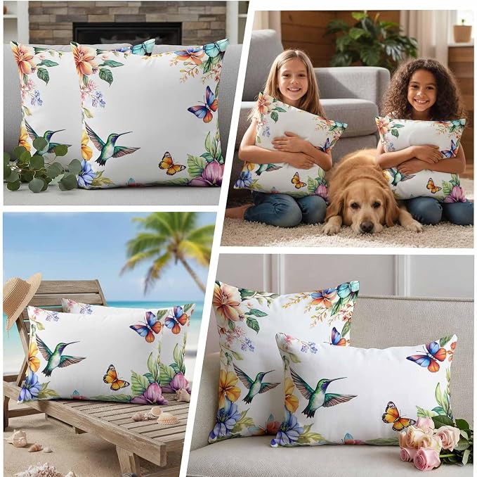 Spring Flowers Bird Outdoor Waterproof Throw Pillow Covers Set of 2, 20"x20", Hummingbird Butterfly Rustic Decorative Pillow Covers Outside Cushion Case for Patio Porch Garden