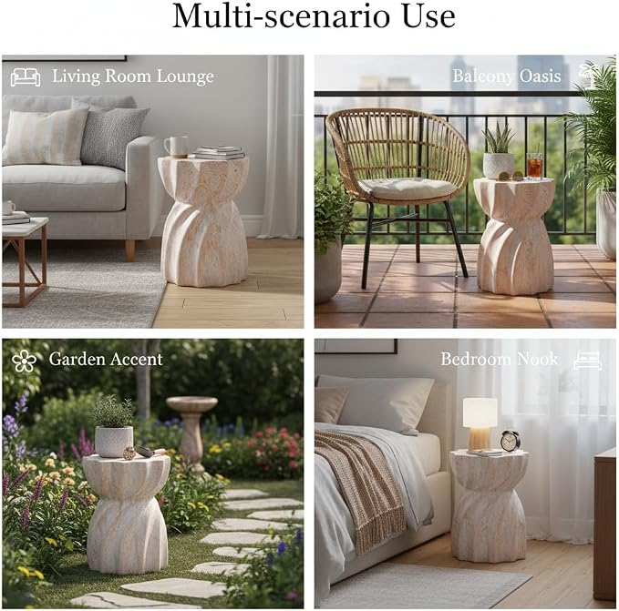 Merax 19.29" H Modern Outdoor Concrete Side Table, Patio End Table with Sculptural Fluted Design, Weather-Resistant Hourglass Shape Accent Table for Garden, Balcony & Poolside, Beige Marble