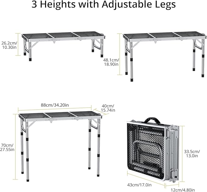 Anbte 3ft Folding Grill Table with Storage Bag, 3 Adjustable Height 27.5" Aluminum Portable Grill Table, Heat Resistant, Lightweight, Portable Handle for BBQ Cooking Camping Travel, 35" X 16", Silver