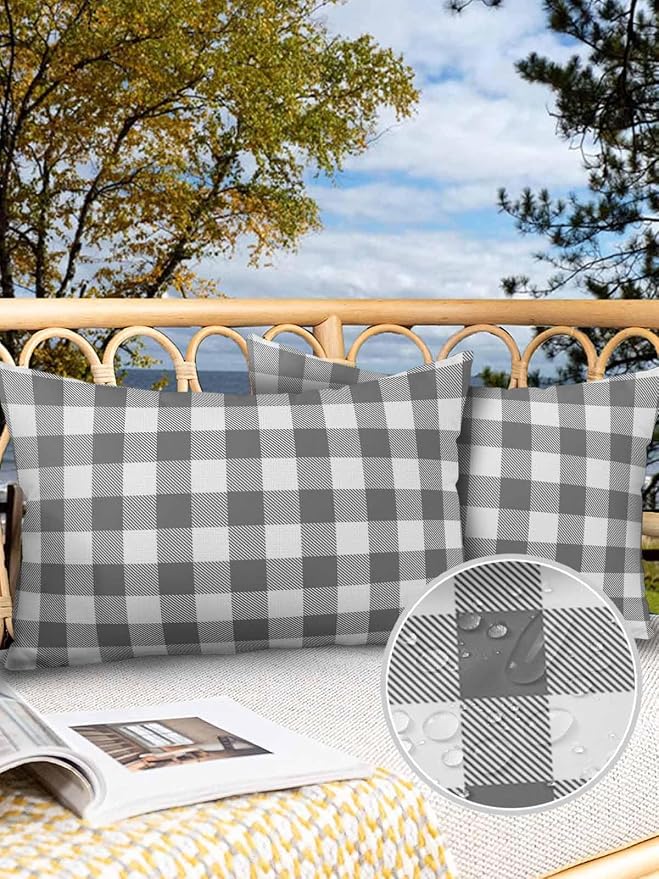 Outdoor Waterproof Throw Pillow Covers Set of 2 Gray Buffalo Check Plaid Lumbar Pillowcases 20x12 Inches Farmhouse Style Patio Decorative Pillows Cushion Case Patio Pillows for Couch Bed Chair Garden