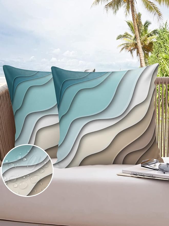 Outdoor Pillows 24x24 Waterproof Outdoor Pillow Covers Ombre Stripes Turquoise Brown Polyester Throw Pillow Covers Garden Cushion Decorative Case for Patio Couch Decoration Set of 2 Abstract Striped