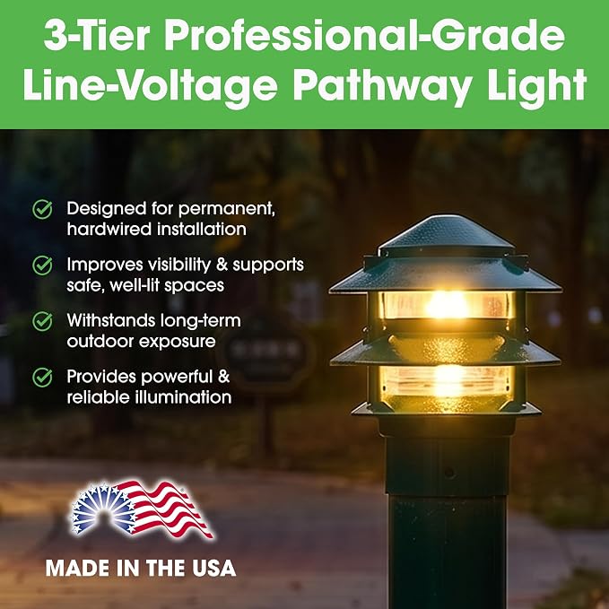 Greenfield Made in the USA Weatherproof Line-Voltage (120V) 3-Tier LED Outdoor Pathway Light – Permanent Outside Light with Mounting Hardware – Professional Grade – Bronze