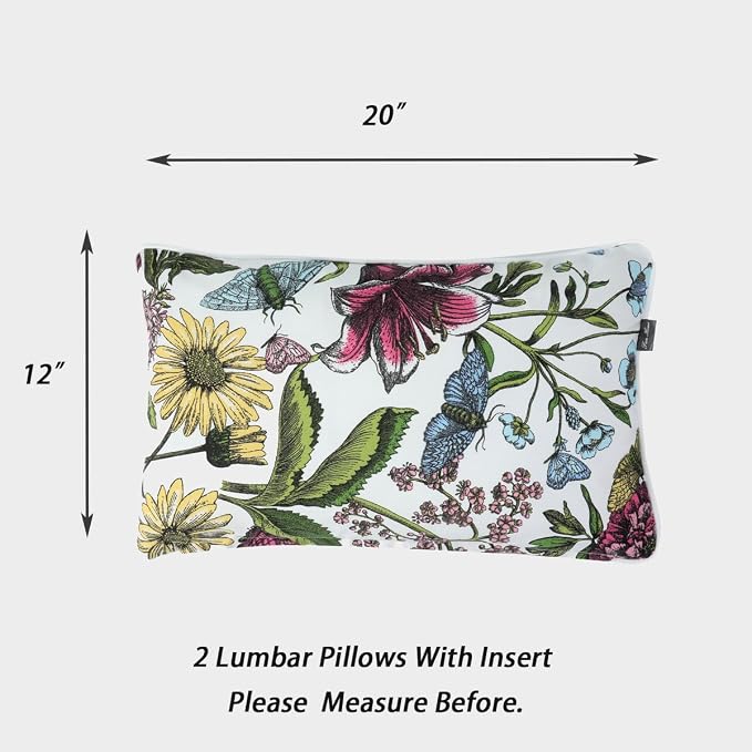 Water Resistant Outdoor Lumbar Pillows for Patio Furniture,12x20 Inch Decorative Pillows Set of 2 with Insert,Hidden Zipper Headrests for Sofa Couch Chair(Butterfly Flower)