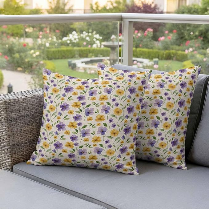 Purple Yellow Flower Outdoor Pillow Covers Set of 2 Spring Green Leaf Watercolor Floral Farm Waterproof Throw Pillow Cover Decorative Cushion Cases for Patio Porch Garden 16X16 Inch