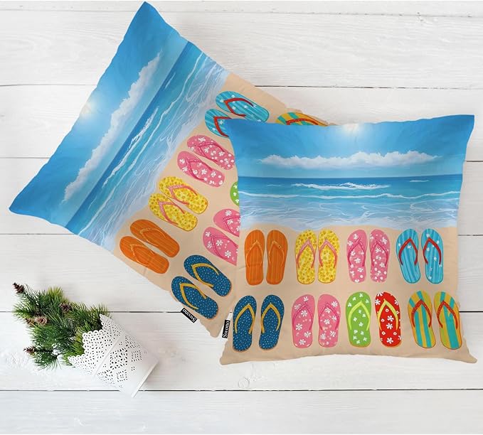Swono Beach Sandals Decorative Throw Pillow Cushion Covers, Hawaii Beach Sea Flip Flops Cozy Pillowcase Home Decor, Double-Sided Pillow Covers for Bedroom Livingroom Office 18x18 Set of 2 Colorful