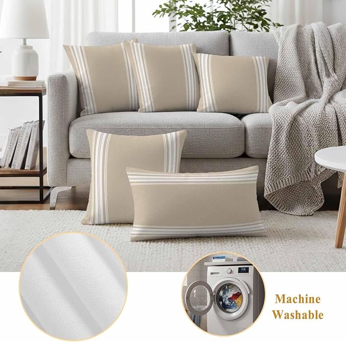 Outdoor Pillow Covers 12x20 Set of 2 Khaki Stripes Outdoor Pillows Waterproof Throw Pillow Covers French Stripe Farmhouse Style Pillowcases Decorative Case for Patio Cushion
