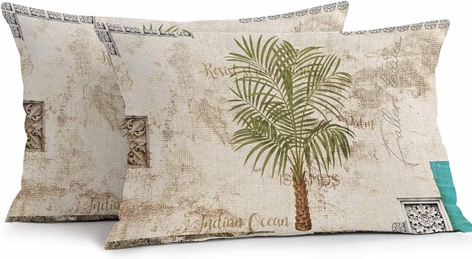 Vintage Palm Trees Waterproof Outdoor Pillow Covers 20''x12'' Set of 2, Beige Burlap Patio Furniture Summer Botanical Cushion Covers for Chairs, Decorative Tropical Pillow Cases for Garden/Pool/Beach