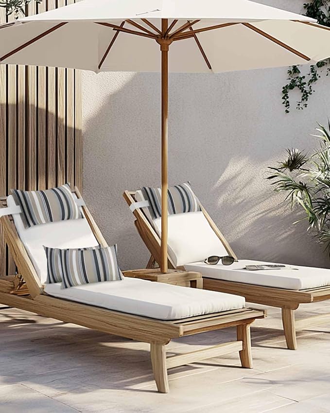 Grey Stripes Lines Outdoor Pillows Waterproof Covers, Khaki Classic Vertical Striped Adjustable Elastic Chaise Lounge Head Resting Pillows, Decorative Lumbar Pillow for Pool Patio Furniture
