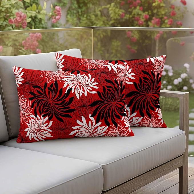 Yukro Red Black Floral Outdoor Waterproof Pillow Covers Pack of 2, Vintage White Black Flower Red Decorative Throw Pillowcases Cushion Covers for Garden Patio Tent Sofa Couch, 20x12 inch