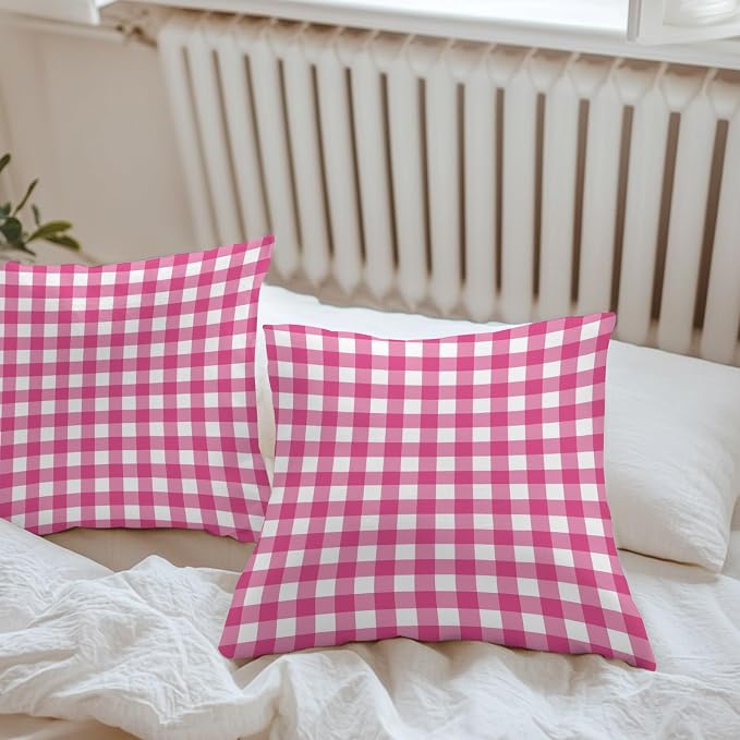 Hot Pink Checks Outdoor Pillow Covers 18"x18" Set of 2, Gingham Plaid Abstract Modern Minimalist Waterproof Throw Pillow Covers for Patio Furniture, Decorative Cushion Covers for Porch