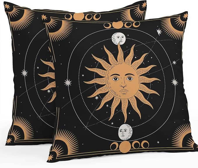 Celestial Sun and Moon Waterproof Outdoor Pillow Covers Set of 2 Home Decor, Black Sky Gold Star Boho Pillowcase Patio Pillow Covers for Couch Bench Patio Furniture Garden 24x24in