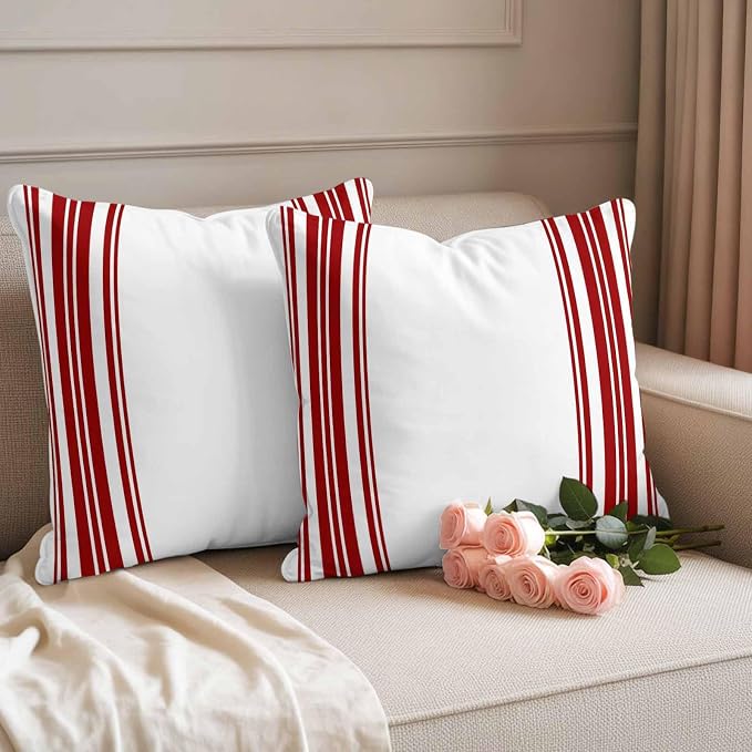 Outdoor Waterproof Throw Pillow Covers Set of 2 Red Stripes Pillowcases 24x24 Inches White Vertical Striped Decorative Pillows Cushion Case Patio Pillows for Couch Bed Chair Garden