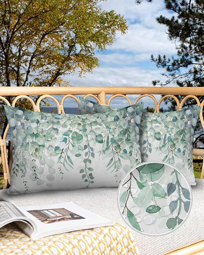 Eucalyptus Leaves Outdoor Pillow Covers Pack of 2, Watercolor Green Plants Waterproof Pillow Covers Seasonal Spring Summer Throw Pillowcase for Patio Funiture Garden Tent, 12 x 20 inch