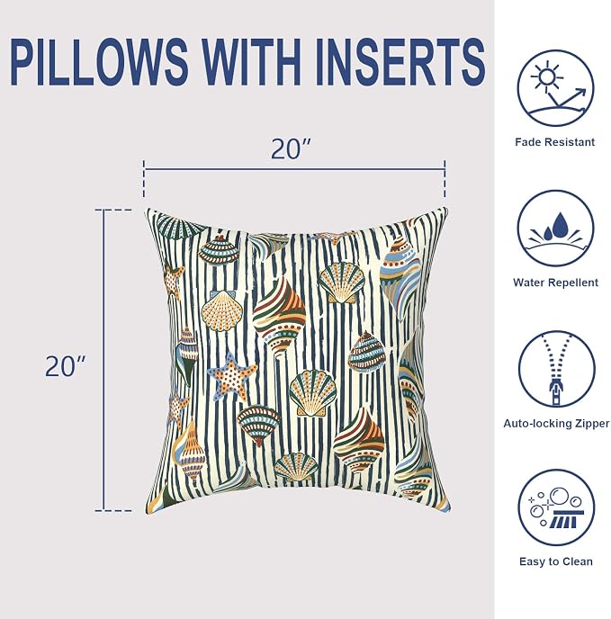 Outdoor 20x20 Inch Throw Pillows with Inners, Square Pillows Decorative Set of 2 for Home Garden Furniture, Crayon Shells