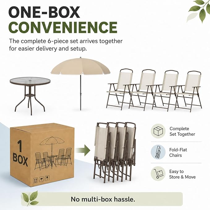 6-Piece Patio Dining Set for 4 with Umbrella, Outdoor Table and Chairs Set with 4 Folding Chairs, Round 31.5" Tempered Glass Table for Garden Backyard Poolside (Beige)