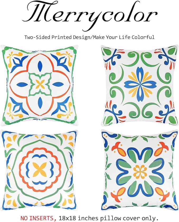 Merrycolor Summer Outdoor Waterproof Throw Pillow Covers 18x18Inch Set of 4 Boho Farmhouse Decorative Pillowcases Print Flowers Accent Cushion Covers for Couch Patio Swing and Garden Sofa Blue Green