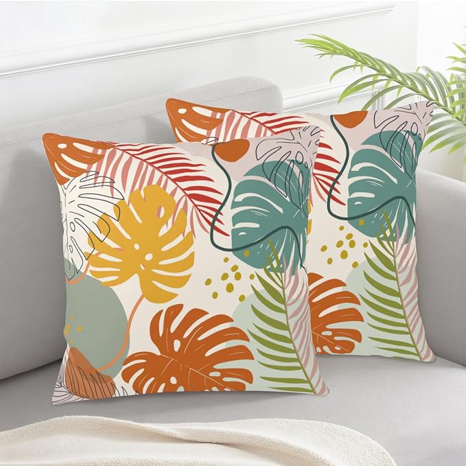 Abstract Tropical Pillow Covers Colorful Tropical Monstera Palm Tree Leaves Throw Pillow Covers Summer Boho Pillowcase 22x22 Set of 2 Neutral Cushion Case for Couch Sofa