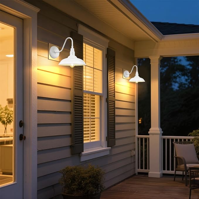 Outdoor Gooseneck Barn Light Fixture with Wall Mount, 10'' Diameter White Exterior Waterproof Wall Lantern for Porch, Farmhouse Wall Sconce, 2 Pack, LM2201-WH-2P