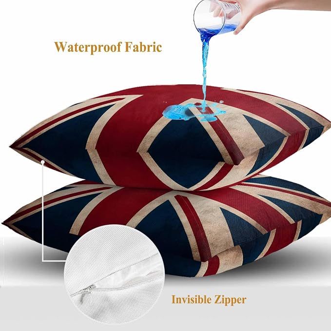 4th of July Outdoor Throw Pillows Covers 18x18 inch Set of 2 Waterproof British Flag Decorative Zippered Cushion Covers for Patio Furniture, Vintage National Flag Independence Day Lumbar Pillowcases