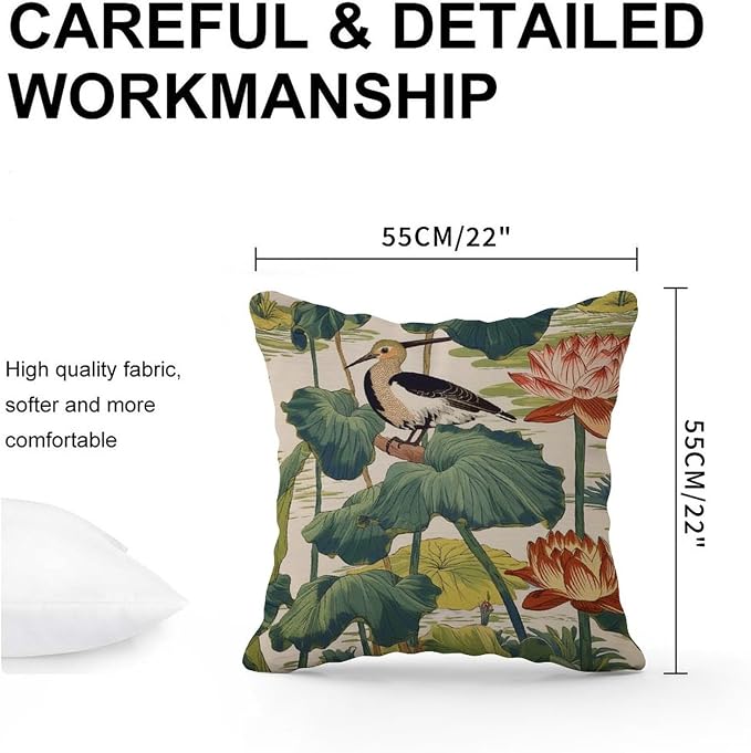 Nympheus Pistachio Outdoor Cushion Cases Lotus Pond Bird Throw Pillow Cover Accent Waterproof Throw Pillow Covers for Patio Furniture Tent Garden 22x22 in