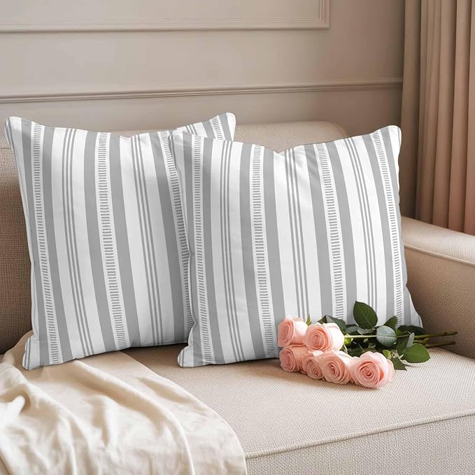 Gery Striped Outdoor Waterproof Pillow Covers, Farmhouse Stripes Modern Geometric Decorative Square Throw Pillowcase Sofa Cushion Sham for Patio/Couch/Chair, 20"x20" 2 Pack