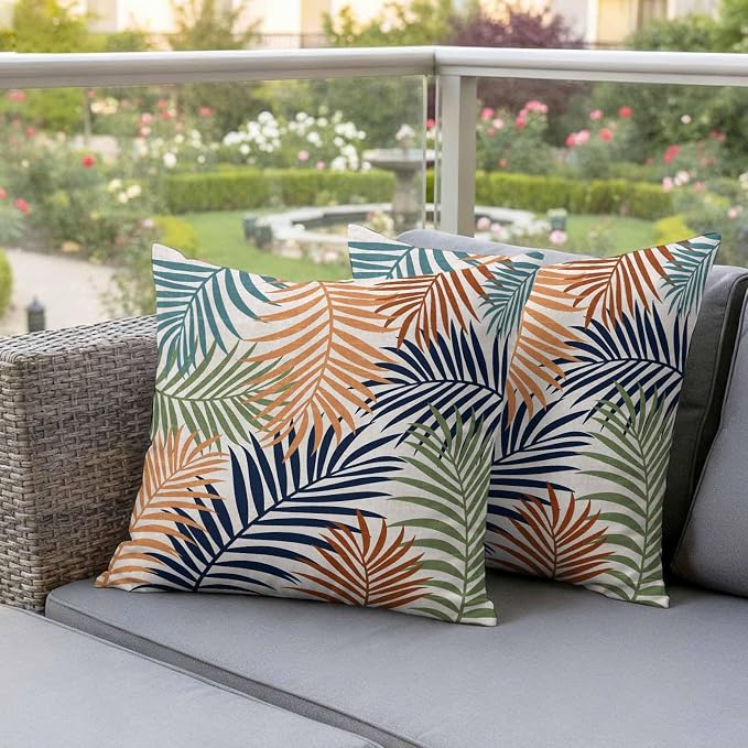 Outdoor Waterproof Throw Pillow Covers, Colorful Palm Leaves Decorative Pillow Cases, Summer Botanical Tropical Leaf Couch Pillow Protector Patio Sofa Cushion Covers Replacement 26"x26" 2 Pack