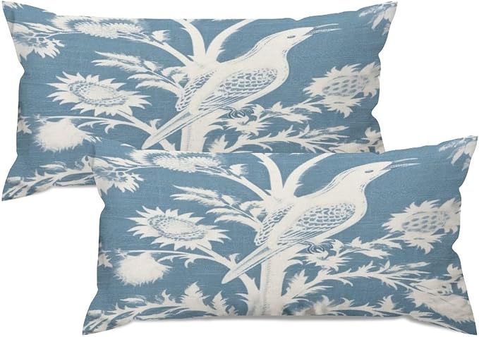 Zipped Pillow Cases for Home Decor Blue Turquoise and White Birds Plant Throw Pillow Cover Set of 2 Farmhouse Cushion Cover Cases for Living Room Club Home Decor 12x24in