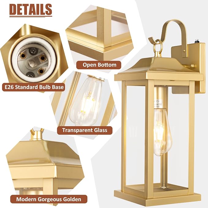 17 Inch Gold Outdoor Sconces Dusk to Dawn 2-Pack | ETL Listed Porch Lights, Photocell Sensor Brass Outdoor Light Fixtures Anti-Rust, Outside Wall Lanterns Wall Mounted Lamps