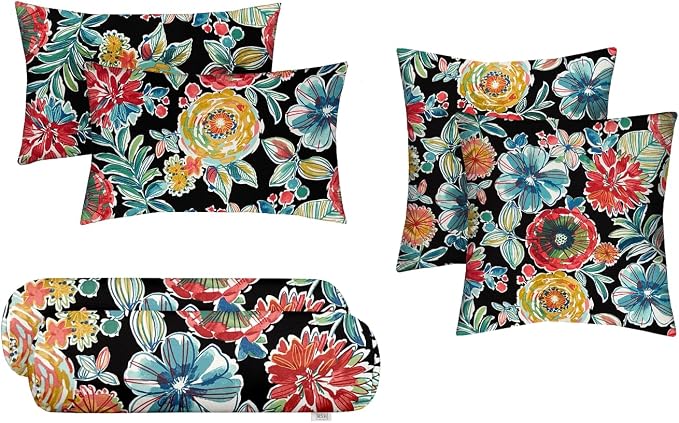 RSH DECOR 6-Pack Pillow Set | All-Weather Spun Fabric | Water & Fade-Resistant | Outdoor Throw Pillows | 20" x 12" Lumbar, 17" Square, & 20" x 6" Neck Roll (Colsen Noir) - Made in USA